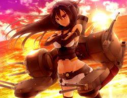Rule 34 | 10s, 1girl, akahito, backlighting, bad id, bad pixiv id, brown hair, cloud, crossed arms, elbow gloves, glint, gloves, groin, hairband, kantai collection, long hair, machinery, midriff, nagato (kancolle), navel, ocean, personification, red eyes, sky, solo, sunset, thighhighs, turret