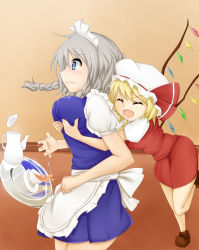 Rule 34 | 2girls, blonde hair, blue eyes, grabbing another&#039;s breast, breasts, drop, dropping, fang, female focus, flandre scarlet, grabbing, izayoi sakuya, large breasts, multiple girls, silver hair, spilling, surprised, surprised arms, tea, tipo (tipoplaza), touhou, wings