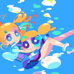 Rule 34 | 00s, 2girls, blonde hair, blue eyes, bubble, bubbles (ppg), drill hair, dual persona, earrings, flat color, goutokuji miyako, hair ornament, hairclip, hug, jewelry, miniskirt, mintchoco (mmn2), multiple girls, pleated skirt, powerpuff girls, powerpuff girls z, rolling bubbles, skirt, smile, stud earrings, twin drills, twintails, vest