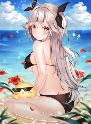 Rule 34 | 1girl, absurdres, ahoge, ass, azur lane, bare legs, bare shoulders, barefoot, bikini, black bikini, blue sky, blush, bow, breasts, butt crack, cleavage, cloud, cloudy sky, commentary, day, deal with it (meme), flower, full body, gradient hair, hair bow, hibiscus, highres, large breasts, looking at viewer, manjuu (azur lane), medium breasts, meme, mole, mole on breast, multicolored hair, ocean, outdoors, parted lips, prinz eugen (azur lane), prinz eugen (unfading smile) (azur lane), red hair, silver hair, sitting, sky, sparkle, ssong2, swimsuit, thighs, water, water drop