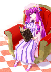 Rule 34 | 1girl, armchair, blunt bangs, book, bow, breasts, capelet, chair, checkered floor, couch, crescent, cross-laced footwear, female focus, floor, full body, hair bow, hat, head tilt, highres, holding, holding book, large breasts, long hair, looking at viewer, open book, patchouli knowledge, purple eyes, purple hair, reading, sitting, smile, solo, tohoho (hoshinoyami), touhou, very long hair