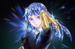 Rule 34 | 1other, arm behind back, arm up, black shirt, blue eyes, blue hair, blunt bangs, collared shirt, colored eyelashes, crystal hair, expressionless, gem, gem uniform (houseki no kuni), glint, glowing, glowing hair, gold, golden arms, hand in own hair, highres, houseki no kuni, huj, long hair, necktie, other focus, phosphophyllite, phosphophyllite (ll), puffy short sleeves, puffy sleeves, shirt, short sleeves, sideways glance, solo, sparkle, straight hair, white shirt