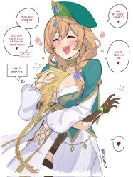 Rule 34 | 1boy, 1girl, aether (genshin impact), akazuan 19, blonde hair, blush, braid, breast smother, breasts, face to breasts, genshin impact, gloves, hair ornament, hair over shoulder, hat, hetero, highres, hug, jewelry, large breasts, lisa (a sobriquet under shade) (genshin impact), lisa (genshin impact), long hair, necklace, skirt, smile, white background