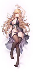 Rule 34 | 1girl, absurdres, arm up, armpits, babydoll, black babydoll, black choker, black panties, black thighhighs, blonde hair, bow, bow panties, breasts, breasts apart, choker, collarbone, commentary, commission, dakimakura (medium), drop earrings, earrings, empire waist, fine fabric emphasis, frilled babydoll, frills, from above, full body, gluteal fold, heart, heart earrings, heart in eye, highres, jewelry, lace, lace panties, long hair, looking at viewer, lying, narrow waist, navel, original, panties, parted lips, purple bow, q18607, red eyes, red lips, see-through, solo, symbol in eye, teeth, thighhighs, underwear, upper teeth only, very long hair