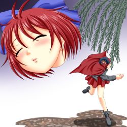 Rule 34 | 1girl, blush, boots, bow, cape, closed eyes, disembodied head, gradient background, hair bow, incoming kiss, lips, miniskirt, pun, red hair, sekibanki, shiba meiji, short hair, skirt, solo, throwing, touhou