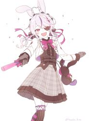 Rule 34 | 1girl, ahoge, alternate hairstyle, animal ears, artist name, asymmetrical legwear, black gloves, blush, bow, bowtie, brown skirt, checkered clothes, checkered skirt, cropped jacket, ema yutaka, eyepatch, garter straps, gloves, glowstick, heart, heart ahoge, holding, holding glowstick, jacket, long hair, looking at viewer, low twintails, maria marionette, maria marionette (1st costume), mismatched legwear, multicolored hair, nijisanji, nijisanji en, open mouth, pink bow, pink bowtie, pink hair, purple hair, rabbit ears, sidelocks, simple background, sir ventrilo (maria marionette), skirt, solo focus, sparkle, streaked hair, stuffed animal, stuffed toy, twintails, virtual youtuber, white background, white jacket