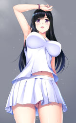 Rule 34 | 1girl, arm up, between legs, black hair, blush, breasts, crotch, dress, dripping, from below, grey background, hand on forehead, highres, hot, large breasts, long hair, looking ahead, midriff peek, navel, open mouth, original, pale skin, purple eyes, simple background, sorairo tsukiiro, sweat, thighs, upskirt, wet, white dress
