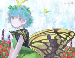 Rule 34 | 1girl, alt text, antennae, blue hair, brown eyes, butterfly wings, chisa yasunaga, closed mouth, commentary request, dated, dress, eternity larva, fairy, green dress, insect wings, leaf, leaf on head, light blue hair, multicolored clothes, multicolored dress, parted lips, revision, short hair, short sleeves, signature, solo, touhou, upper body, wings