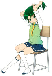 Rule 34 | 10s, 1girl, adjusting hair, arms up, chair, crossed legs, full body, green eyes, green hair, green sweater vest, matching hair/eyes, mattaku mousuke, midorikawa nao, mouth hold, precure, ribbon, school uniform, shoes, simple background, sitting, sleeves rolled up, smile precure!, socks, solo, sweater vest, uwabaki, vest, white background, yellow ribbon