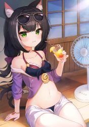 Rule 34 | 1girl, 2drr, animal ear fluff, animal ears, bare shoulders, bikini, black hair, blue bikini, blush, bow, breasts, cat ears, cat girl, cat tail, collarbone, commentary, crazy straw, cup, drinking glass, drinking straw, electric fan, eyewear on head, green eyes, hair between eyes, hair bow, hand up, holding, holding cup, jacket, karyl (princess connect!), karyl (summer) (princess connect!), long hair, looking at viewer, low twintails, multicolored hair, navel, off shoulder, open clothes, open fly, open shorts, parted lips, princess connect!, purple bow, purple jacket, revision, short shorts, short sleeves, shorts, sitting, small breasts, solo, streaked hair, sunglasses, sweat, swimsuit, tail, twintails, veranda, very long hair, white hair, white shorts