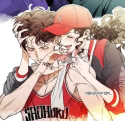 1boy 1girl ayako_(slam_dunk) basketball_jersey basketball_uniform blush brown_hair closed_eyes hat highres korean_text long_hair m_m_pb miyagi_ryouta red_hat red_shirt shirt slam_dunk_(series) sportswear sweat towel towel_around_neck wavy_hair