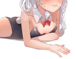 Rule 34 | 1girl, akgrn, ass, black leotard, blue archive, blush, bow, breasts, closed mouth, collarbone, detached collar, fake tail, grey hair, head out of frame, highres, hina (blue archive), leotard, long hair, rabbit tail, red bow, simple background, small breasts, solo, strapless, strapless leotard, tail, white background
