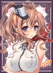 Rule 34 | 10s, 1girl, blue eyes, blush, breast pocket, breasts, brown hair, crossed arms, hair between eyes, hair ornament, impossible clothes, inoue tomii, kantai collection, large breasts, long hair, looking at viewer, lowres, neckerchief, pocket, red neckerchief, saratoga (kancolle), side ponytail, smile, smokestack, solo, upper body