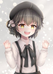 Rule 34 | 1girl, :d, beret, black bow, black hat, black ribbon, black skirt, blush, bow, brown eyes, brown hair, claw pose, collared shirt, commentary request, endsmall min, fangs, fingernails, flower, hair between eyes, hair flower, hair ornament, hair ribbon, hair rings, hands up, hat, hatoba tsugu, highres, long sleeves, looking at viewer, mole, mole under eye, open mouth, ribbon, rose, shirt, skirt, smile, solo, suspender skirt, suspenders, v-shaped eyebrows, virtual youtuber, white flower, white rose, white shirt
