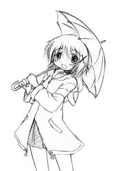 Rule 34 | 00s, greyscale, hidamari sketch, kumichi, monochrome, raincoat, sketch, solo, umbrella, yuno (hidamari sketch)