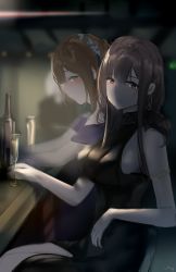 Rule 34 | 2girls, ahoge, alternate costume, arm support, armlet, arms behind head, black dress, blue dress, blunt bangs, blush, braid, breasts, brown hair, casual, champagne flute, choker, chyt, closed mouth, crown braid, cup, dress, drinking glass, dsr-50 (girls&#039; frontline), dsr-50 (highest bid) (girls&#039; frontline), earrings, gem, girls&#039; frontline, green eyes, hair between eyes, hair ornament, hair rings, highres, indoors, jewelry, large breasts, leaning back, long hair, looking at viewer, mouth hold, multiple girls, no bra, official alternate costume, pendant, red eyes, red gemstone, ring, see-through, sideboob, sidelocks, signature, sitting, skindentation, smile, springfield (girls&#039; frontline), springfield (queen in radiance) (girls&#039; frontline), thighs, very long hair