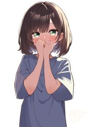 Rule 34 | 1girl, blush, brown hair, commentary request, covered mouth, crying, crying with eyes open, green eyes, grey shirt, hands up, highres, looking at viewer, original, rakisutakonakona, shirt, short sleeves, simple background, solo, tears, upper body, white background, wide sleeves