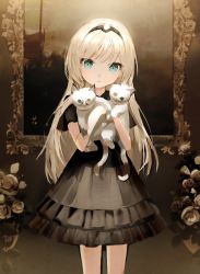 Rule 34 | 1girl, absurdres, aged down, animal, black dress, blue eyes, carrying, cat, child, dress, girls&#039; frontline, gothic lolita, hairband, highres, holding, holding animal, holding cat, kitten, lolita fashion, long hair, looking at viewer, nerkia, platinum blonde hair, standing, white cat