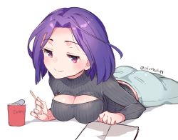 Rule 34 | 10s, 1girl, alternate costume, blush, breasts, cleavage, cleavage cutout, clothing cutout, cup ramen, denim, ichihaya, impossible clothes, jeans, kantai collection, lying, medium breasts, meme attire, on stomach, open-chest sweater, pants, purple eyes, purple hair, short hair, solo, sweater, tatsuta (kancolle), twitter username