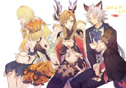 Rule 34 | 2boys, 3girls, a082, alternate costume, animal ears, black hairband, black pants, blonde hair, blue neckwear, blush, breasts, brooch, brown hair, character request, cup, dated, erune, closed eyes, formal, granblue fantasy, green eyes, hairband, hood, jewelry, long hair, looking at another, medium breasts, multiple boys, multiple girls, navel, open mouth, orange headwear, orange shorts, pants, red eyes, shorts, sidelocks, silver hair, sitting, tweyen (granblue fantasy), suit, teacup, teapot, thighhighs, white background