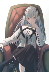 Rule 34 | 1girl, 7ife, absurdres, arknights, bad id, bad pixiv id, black footwear, black skirt, boots, breasts, chair, closed mouth, commentary, dragon horns, ear piercing, expressionless, hair between eyes, hand on own chin, head rest, highres, horns, crossed legs, long hair, looking at viewer, medium breasts, nail polish, orange eyes, orange nails, piercing, saria (arknights), shirt, silver hair, simple background, sitting, skirt, solo, throne, turtleneck, white background, white shirt