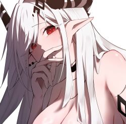 Rule 34 | 1girl, absurdres, arknights, armpit crease, bare shoulders, black horns, blush, breasts, closed mouth, commentary request, earrings, embarrassed, eyes visible through hair, flower, grey background, hair behind ear, hair flower, hair intakes, hair ornament, hair over shoulder, hand to own mouth, highres, horns, infection monitor (arknights), jewelry, large breasts, long hair, looking at viewer, mudrock (arknights), necklace, nude, parted bangs, pointy ears, red eyes, sidelocks, simple background, solo, swept bangs, upper body, very long hair, white hair, worimehl