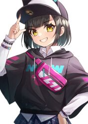 Rule 34 | 1girl, absurdres, adjusting clothes, adjusting headwear, baseball cap, black hair, black hoodie, blunt bangs, bracelet, clothes writing, collared shirt, commentary request, denonbu, fanny pack, grin, hand on own hip, hand up, hat, highres, hood, hood down, hoodie, jewelry, kurogane tama, long sleeves, looking at viewer, open mouth, paw print, pink bag, pleated skirt, poncho, shirt, short hair, simple background, skirt, smile, solo, standing, teeth, tsunenorip, white background, white shirt, wide sleeves, yellow eyes