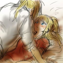 Rule 34 | 1boy, 1girl, arm support, bed, bed sheet, blonde hair, blue eyes, blush, couple, edward elric, facing away, fullmetal alchemist, hetero, looking at another, looking up, lowres, nervous, parted lips, pillow, pink shirt, ponytail, shirt, sweatdrop, tsukuda0310, white shirt, winry rockbell