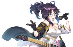 Rule 34 | 1girl, ;d, agustinus, ahoge, bandages, bandeau, bare shoulders, black gloves, blue eyes, blue hair, breasts, chest sarashi, cleavage, commentary, electric guitar, glasses, gloves, guitar, hand up, highres, holding, holding microphone, indie virtual youtuber, instrument, jacket, kson, large breasts, long hair, looking at viewer, microphone, midriff, mole, mole under eye, multicolored hair, off shoulder, one eye closed, open clothes, open jacket, open mouth, pants, ponytail, purple hair, sarashi, short sleeves, simple background, smile, solo, strapless, tube top, virtual youtuber, white background, white pants