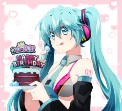Rule 34 | 1girl, ;p, absurdly long hair, anniversary, aqua eyes, aqua hair, aqua neckwear, artist name, artist request, bare shoulders, bikini, blue eyes, blue hair, blue nail polish, blue nails, breasts, cake, cleavage, collarbone, female focus, food, hago, hatsune miku, headphones, headset, heart, holding, holding plate, long hair, long sleeves, medium breasts, nail, nail polish, number tattoo, one eye closed, parted lips, pink background, plate, shoulder tattoo, smile, solo, swimsuit, tattoo, tie clip, tongue, tongue out, twintails, upper body, very long hair, vocaloid, white background, white bikini, wing collar