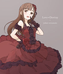 Rule 34 | 1girl, bare shoulders, black gloves, black ribbon, black sleeves, breasts, brown eyes, brown hair, character name, detached sleeves, dress, earrings, enu (roco roco44), flower, frilled dress, frills, gloves, grey background, hand on own hip, hand up, idolmaster, idolmaster cinderella girls, index finger raised, jewelry, long hair, love destiny, mizumoto yukari, puffy short sleeves, puffy sleeves, red dress, red flower, red rose, ribbon, rose, see-through, short sleeves, simple background, sleeveless, sleeveless dress, small breasts, solo, very long hair