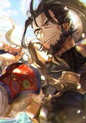 Rule 34 | 1boy, armor, beard, blurry, brown eyes, brown hair, closed mouth, commentary request, depth of field, facial hair, fingernails, floating hair, granblue fantasy, high ponytail, highres, holding, holding weapon, jin (granblue fantasy), karipaku, long hair, looking to the side, male focus, over shoulder, ponytail, scar, scar on face, shoulder armor, smile, solo, weapon, weapon over shoulder