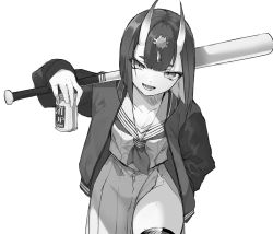Rule 34 | 1girl, alcohol, alternate costume, baseball bat, beer, beer can, can, cowboy shot, delinquent, drink can, fate/grand order, fate (series), greyscale, highres, jacket, looking at viewer, monochrome, niku (fjs 1018), school uniform, serafuku, short hair, shuten douji (fate), simple background, smile, sukeban, white background