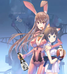 Rule 34 | 10s, 2011, 2girls, :q, :t, animal ears, bad id, bad pixiv id, blue eyes, bodysuit, breasts, brown hair, rabbit ears, carrot, cat ears, cleavage, highres, japanese clothes, kimono, large breasts, long hair, mouth hold, multiple girls, new year, obi, original, purple eyes, sash, short kimono, tongue, tongue out, tougetsu gou