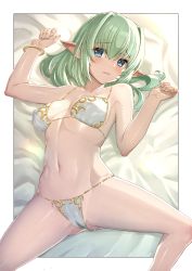 Rule 34 | 1girl, absurdres, arm up, bikini, blue eyes, blush, border, bracelet, breasts, cameltoe, closed mouth, commentary request, commission, earclip, elf, green hair, hair between eyes, halterneck, hand up, highres, ichihachiyon, jewelry, looking at viewer, lying, medium breasts, medium hair, navel, nose blush, on back, original, outside border, pixiv commission, pointy ears, shiny skin, solo, spread legs, stained clothes, stomach, sweat, swimsuit, tearing up, white bikini, white border