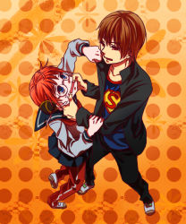Rule 34 | 1boy, 1girl, blue eyes, brown hair, bun cover, casual, clenched hand, clothes writing, dc comics, double bun, eye contact, face-to-face, gintama, glasses, kagura (gintama), looking at another, matsuhana, mouth pull, okita sougo, open mouth, pants, polka dot, polka dot background, red eyes, red hair, rivalry, s shield, school uniform, short hair, skirt, superman, superman (series), teasing