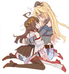 Rule 34 | 10s, 2girls, ahoge, bare shoulders, blonde hair, breasts, brown hair, brown legwear, brown skirt, cleavage cutout, closed eyes, clothing cutout, detached sleeves, double bun, fingerless gloves, from side, gloves, hair between eyes, hair bun, head rest, highres, hug, interlocked fingers, iowa (kancolle), kantai collection, kongou (kancolle), large breasts, long hair, looking at another, miniskirt, multiple girls, nontraditional miko, sanpachishiki (gyokusai-jima), sitting, sitting on lap, sitting on person, sketch, skirt, star-shaped pupils, star (symbol), striped clothes, striped legwear, striped thighhighs, symbol-shaped pupils, thighhighs, vertical-striped clothes, vertical-striped thighhighs, wide sleeves, yuri