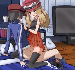 Rule 34 | 1boy, 1girl, arm support, ass, bare shoulders, black eyes, black footwear, black hair, black shirt, black thighhighs, blonde hair, blue eyes, blue jacket, blush, book, bookshelf, bracelet, breasts, breath, calem (pokemon), closed mouth, clothed sex, clothes pull, collarbone, creatures (company), eye contact, eyewear on headwear, franberyll, full body, game freak, girl on top, hands on another&#039;s shoulders, hands up, happy sex, hat, hetero, highres, indoors, jacket, jewelry, kneeling, long hair, long sleeves, looking at another, matching hair/eyes, miniskirt, motion lines, nintendo, on bed, open mouth, panties, panties around leg, pants, pants pull, pillow, pleated skirt, poke ball theme, pokemon, pokemon xy, pussy, red headwear, red skirt, serena (pokemon), sex, shirt, shoes, short hair, sitting, skirt, sleeveless, sleeveless shirt, small breasts, smile, sunglasses, sweat, television, textless version, thighhighs, trembling, uncensored, underwear, vaginal, white-framed eyewear, white panties