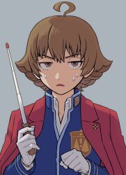 Rule 34 | 1boy, ace attorney, ace attorney investigations, ace attorney investigations 2, ahoge, blue jacket, brown eyes, brown hair, collared shirt, flipped hair, gloves, grey background, holding, holding pointer, ichiyanagi yumihiko, jacket, jacket on shoulders, long sleeves, looking at viewer, male focus, numae kaeru, open mouth, pointer, red jacket, school uniform, shirt, short hair, simple background, solo, sweatdrop, uniform, upper body, white gloves, white shirt