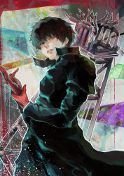 Rule 34 | 1boy, absurdres, black coat, black eyes, black reaper, chair, coat, commentary request, cowboy shot, gloves, grey background, hand up, heterochromia, highres, kaneki ken, kyuuba melo, long sleeves, looking at viewer, multicolored background, official style, outline, parted lips, purple background, red background, red eyes, red gloves, solo, tokyo ghoul, tokyo ghoul:re, white outline
