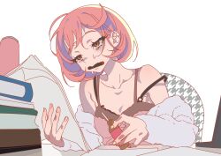 Rule 34 | 1girl, archived source, ayase naru, bad id, bad twitter id, bags under eyes, bare shoulders, book, book stack, bottle, bra, bra peek, breasts, brown eyes, camisole, cleavage, energy drink, exhausted, glass bottle, highres, holding, holding bottle, image sample, long sleeves, off shoulder, open mouth, pink hair, pretty rhythm, pretty rhythm rainbow live, pretty series, short hair, small breasts, solo, spaghetti strap, strap slip, sweat, twitter sample, underwear, upper body, white background, zashima