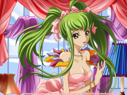 Rule 34 | 00s, 1girl, bare shoulders, breasts, c.c., cleavage, code geass, curtains, dress, green hair, highres, lamp, large breasts, long hair, microsoft windows, non-web source, pink dress, ribbon, shiraishi asuka, solo, twintails, vector trace, yellow eyes