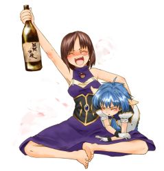 Rule 34 | 00s, 2girls, alcohol, animal, animal ears, barefoot, blue hair, blush, bottle, brown hair, closed eyes, dress, drunk, feet, forte stollen, galaxy angel, military, military uniform, mint blancmanche, monocle, multiple girls, non-web source, open mouth, purple dress, red hair, sake, short hair, simple background, smile, uniform, white background