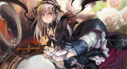 Rule 34 | 1girl, absurdres, black dress, dress, flower, hairband, high heels, highres, layered dress, lolita fashion, lolita hairband, long hair, long sleeves, looking at viewer, mirror, moruga, pink eyes, reflection, rose, rozen maiden, silver hair, solo, suigintou, white dress, wide sleeves