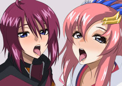Rule 34 | 2girls, blue eyes, commentary request, commission, grey background, gundam, gundam seed, gundam seed freedom, hair between eyes, hair ornament, jacket, jeminiremu, lacus clyne, light blush, long hair, looking at viewer, lunamaria hawke, military jacket, multiple girls, open mouth, pink hair, pixiv commission, purple hair, red jacket, short hair, side-by-side, simple background, teeth, tongue, tongue out