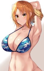 Rule 34 | 1girl, alternate breast size, amagi korona, armpits, bikini, blue bikini, breasts, camouflage, camouflage bikini, cleavage, collarbone, commentary, constricted pupils, forehead, grin, highres, huge breasts, large breasts, looking at viewer, nami (one piece), navel, one piece, orange hair, parted bangs, parted lips, shirt, short hair, simple background, smile, solo, swimsuit, undressing, upper body, wide hips, yellow eyes, yellow shirt
