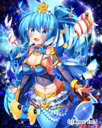 Rule 34 | 1girl, beads, bikini, bikini top only, blue eyes, blue hair, blush, bracelet, breasts, character request, cleavage, copyright request, crown, detached sleeves, fins, fish, fish tail, fujiwara gacho, hair ornament, hairclip, head fins, highres, jewelry, long hair, mermaid, monster girl, open mouth, outstretched arms, ponytail, smile, solo, sparkle, swimsuit, tail, tropical fish, underwater, very long hair