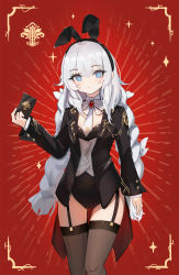 Rule 34 | + +, 1girl, absurdres, adapted costume, animal ears, azur lane, black jacket, black leotard, black thighhighs, blue eyes, braid, breasts, card, closed mouth, expressionless, fake animal ears, garter straps, grey hair, hairband, head tilt, highres, holding, holding card, jacket, le malin (azur lane), le malin (listless lapin) (azur lane), leotard, low twin braids, necktie, playing card, pure white a type, rabbit ears, red background, small breasts, solo, standing, thigh gap, thighhighs, twin braids, vichya dominion (emblem), waistcoat, white necktie