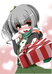 Rule 34 | 10s, 1girl, absurdres, blush, bow, box, brown eyes, eiyuu (eiyuu04), full-face blush, gift, gift box, giving, gradient background, grey hair, hair bow, heart, heart background, highres, kantai collection, kasumi (kancolle), looking at viewer, open mouth, outstretched arm, scarf, short hair, side ponytail, solo, suspenders