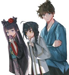 Rule 34 | 1boy, 1girl, 1other, absurdres, advarcher, ahoge, black hair, blue eyes, bocchan dango, brown eyes, brown hair, commentary, crossed arms, dango, double bun, eating, english commentary, fate/samurai remnant, fate (series), flower, food, hair bun, hair flower, hair ornament, highres, hololive, hololive english, long hair, long sleeves, looking ahead, looking at viewer, miyamoto iori (fate), mole, mole under eye, ninomae ina&#039;nis, ninomae ina&#039;nis (new year), pointy ears, purple eyes, purple hair, yamato takeru (fate), simple background, takodachi (ninomae ina&#039;nis), virtual youtuber, wagashi, white background